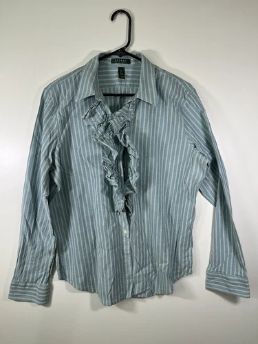 Ralph Lauren Blue Cream Ruffle Striped Blouse size XL