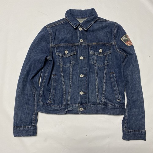 Polo Ralph Lauren Denim Trucker Jacket American Flag Patch Youth Size Lg (14-16)