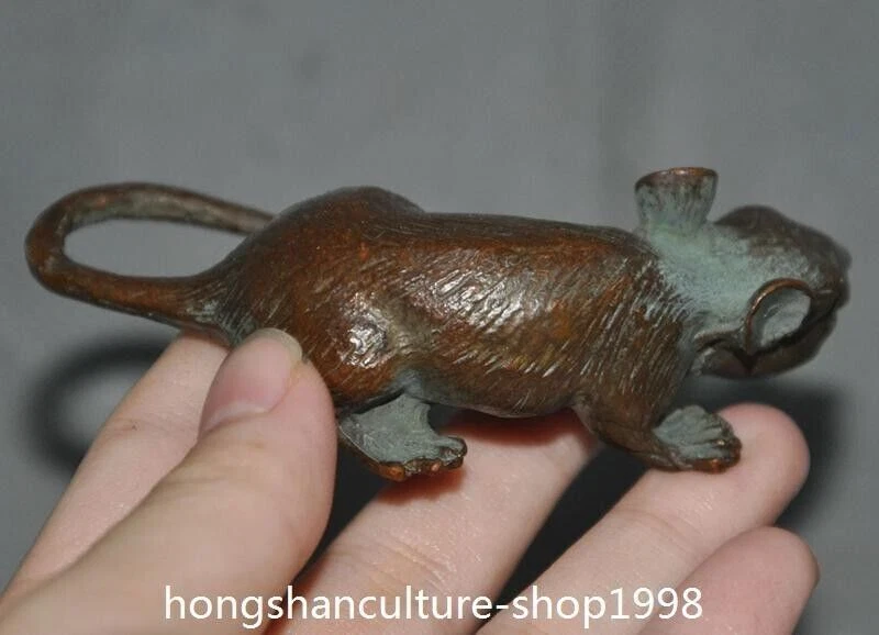 3.4'' old Chinese bronze 12 Zodiac Year wealth animal mouse Ret Feng Shui statue - Image 4 of 4