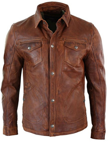 New Mens Shirt Jacket Brown Real Leather Soft Genuine Waxed Leather Shirt