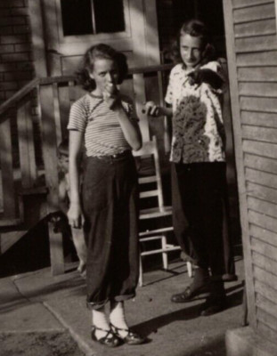 7U Photograph Vintage Snapshot Portrait Girls Fruit Pointing At Camera 1950's