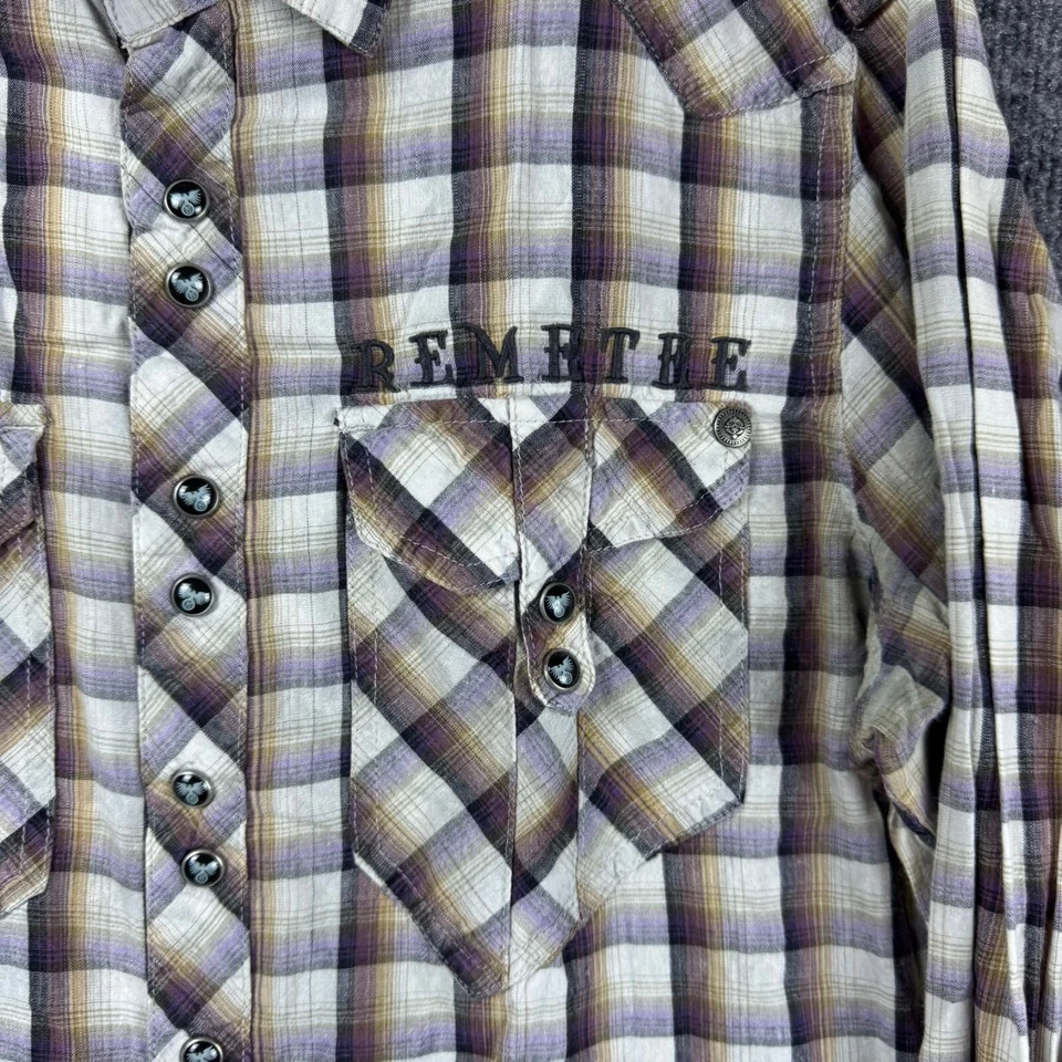 Camisa a Presión Remetee a Cuadros Perla Para Hombre Pequeña Marrón Bolsillos Cruz Manga Larga Foto 2 de 4