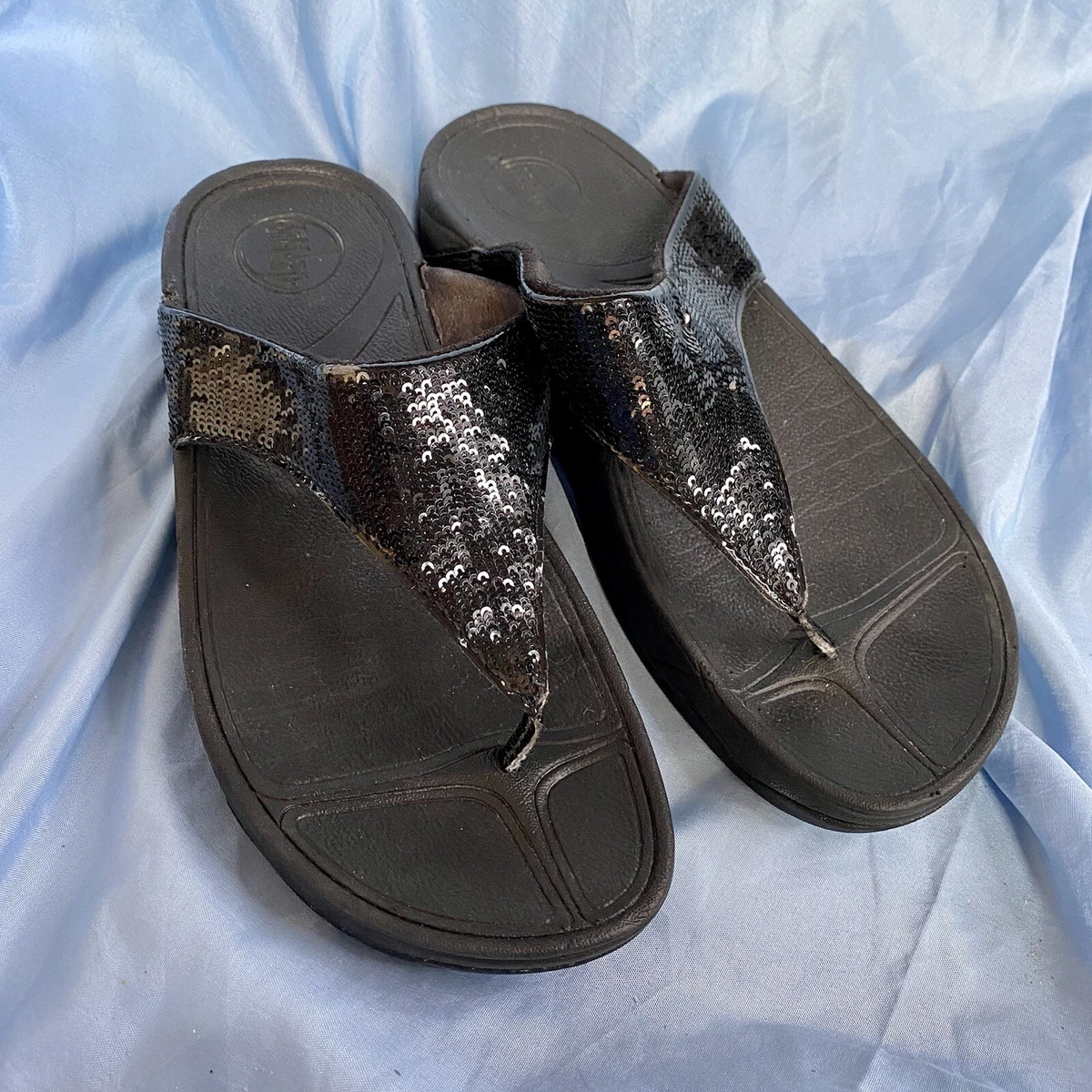 FITFLOP Electra Black Sequin Flip Flop Flat Sandals Size 8 eBay