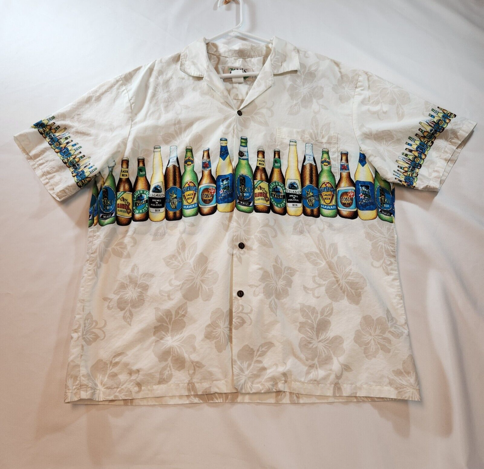 Ky's Hawaiian Mens Shirt Button Beer Bottles Floral Size XL Cotton Short Sleeves