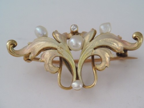 ANTIQUE ART NOUVEAU KREMENTZ 14K GOLD ENAMEL DIAMOND PEARL PIN /PENDANT