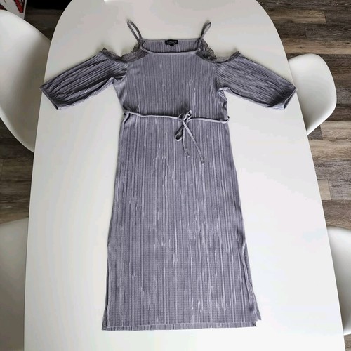 TOP SHOP Silver Metallic Dress Womens 6 Plisse Lace Trim Cold Shoulder Strappy - Picture 19 of 24