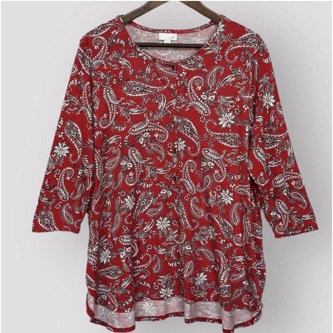 J. Jill Red Paisley Button Front Tunic Top 3/4 Sleeve Rayon Tencel Petite Large