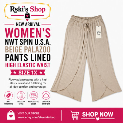 Women's NWT Spin U.S.A. Beige Palazoo Pants Lined High Elastic Waist Size 1X