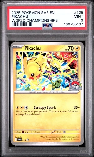 2025 POKEMON SVP EN-SV BLACK STAR PROMO WORLD CHAMPIONSHIPS #225 PIKACHU PSA 9