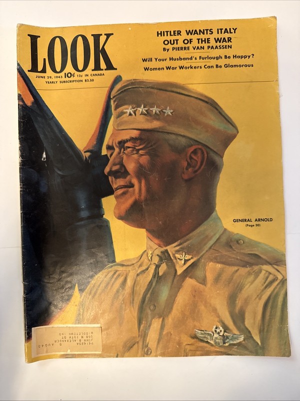 Vintage LOOK Magazine June 29 1943 WWII General Hap Arnold Cover Art Vtg