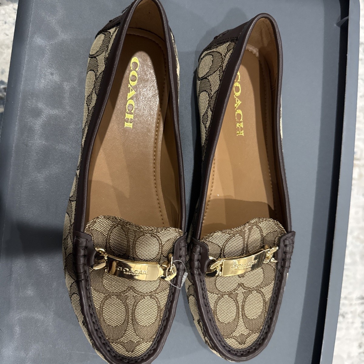 New Coach Signature Logo Jacquard Loafer Flats Brown Women's Slip