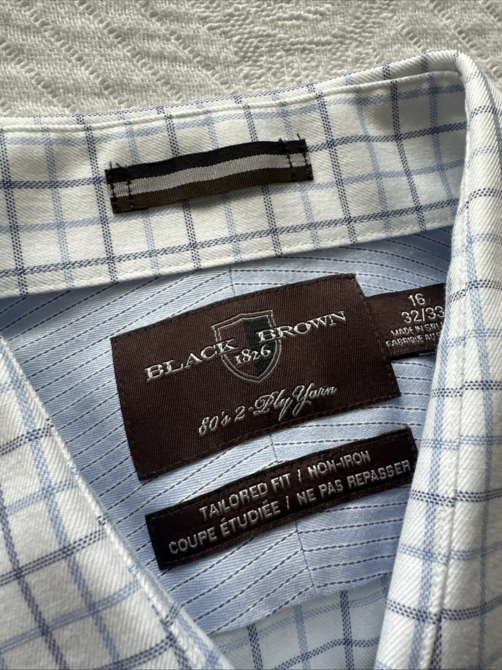 Men’s Black Brown Button Down Shirt 16 32/33 Blue White Check Long Sleeve - Image 2 of 4
