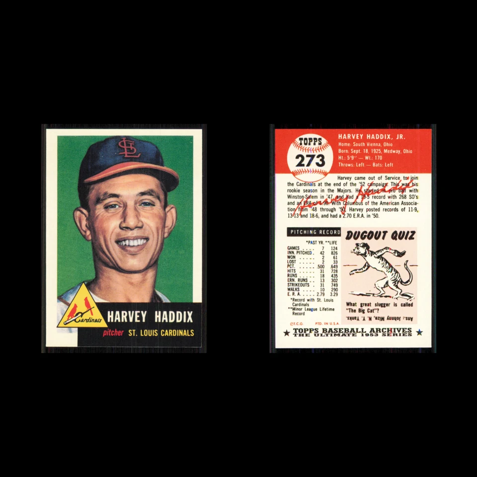 Harvey Haddix #273 1991 Topps Archives 1953 St. Louis Cardinals Baseball Card NM - Image 3 of 3