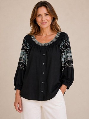 J.Jill Black Embroidered Peasant Blouse Cotton Tencel Boho Top Coastal