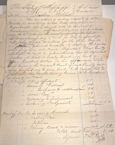 1876 Mississippi Original Case Document Aiding a Fugitive After Officer Shooting