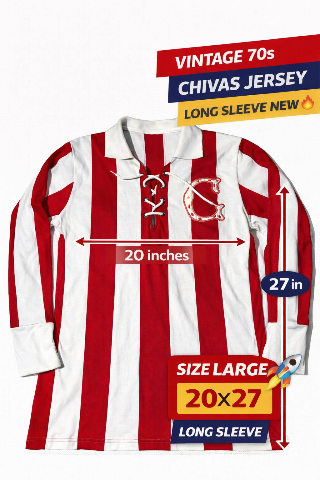 Retro Chivas Guadalajara 70s Lace Up Jersey Long Sleeve  Large 20 x27