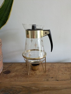 Corning Pyrex Kaffeekaraffe 60er Atomic Starburst 6 Tassen Kerzenwärmer Ständer Vintage