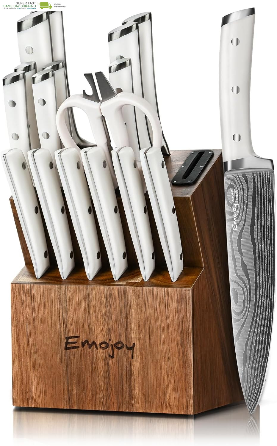 Knife Set, Emojoy 18-Pieces Kitchen Knife Set with Wooden Block, German Stainles