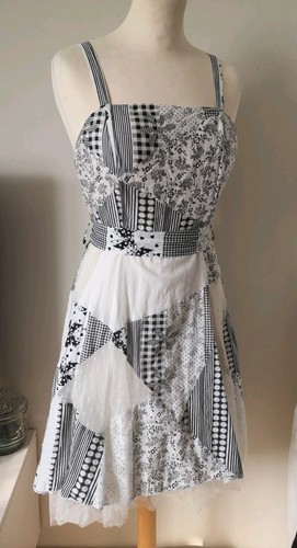 Patchwork Cotton fit & Flare dress Layered asymmetric net Hem Size 10-12 - Picture 2 of 24
