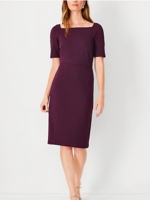 NWT Ann Taylor Dark Plum Purple Square Neck Short Sleeve Sheath Midi Dress  Sz 18 | eBay