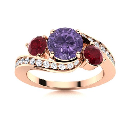 925 Sterling Silver Rose Plated 5MM Round Amethyst & Ruby Three Stone Women Ring