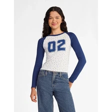 Cropped Thermal Raglan Waffle Long Sleeve Y2K Floral 02 Baseball Tee Navy Blue S