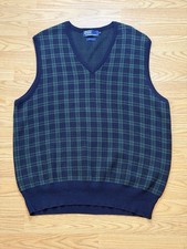 Vintage Polo Ralph Lauren Sweater Vest Green Blue Plaid V-Neck Mens XL 90s