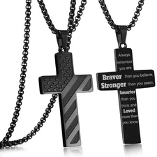 Black American Flag Cross Necklace for Men Bible VerseAlways Remember Christi...