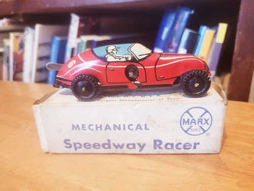 NICE VINTAGE 1940'S MARX RED TIN LITHO WIND UP #66 SPEEDWAY RACER W/ BOX