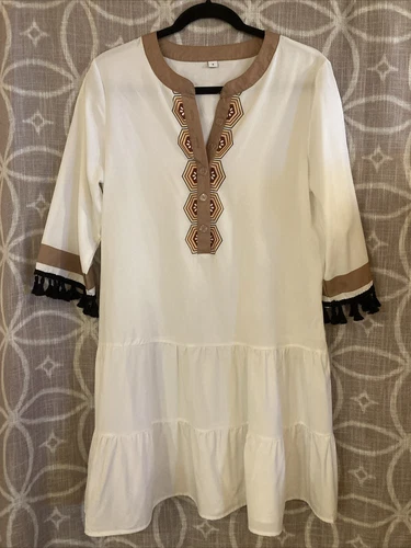 Abito tunica Tory Burch donna bianco marrone nero stampa geo 3 4 frange slv S NUOVO RARO