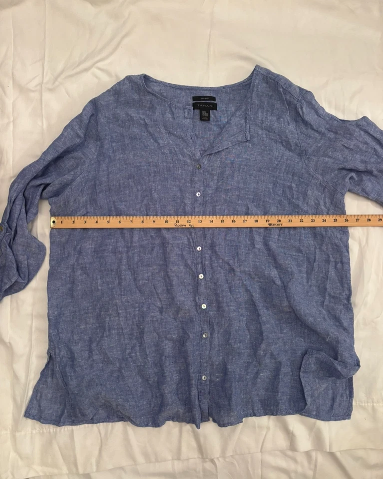 Tahari 亚麻束腰上衣女式 3X 码纽扣卷片蓝色 — 第 4/4 张图片