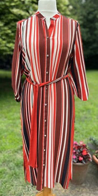 WALLIS ORANGE/BROWN/BLACK/WHITE STRIPE DRESS WITH BUTTON FRONT/TIE BELT -SIZE 12