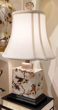 Polychrome Porcelain Chinoiserie Rectangular Lamp. Hand Painted. With Lampshade.