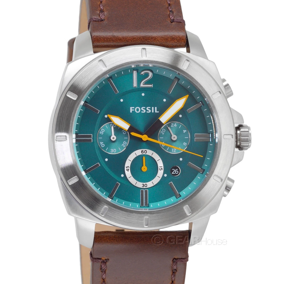 FOSSIL Privateer Sport Mens Chronograph Watch, Green Dial, Brown Leather Strap