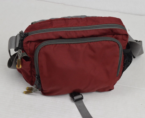 Vintage Shoulder Bag LL Bean 90s Burgundy Nylon Gray Trim Front Flap Multi Zip - Picture 4 of 7
