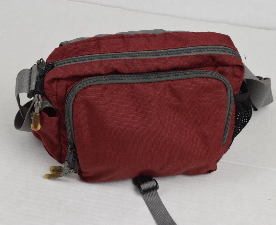 Bolso de Hombro LL Bean Años 90 Borgoña Nylon Gris Borde Solapa Frontal Multi Cremallera Foto 4 de 4