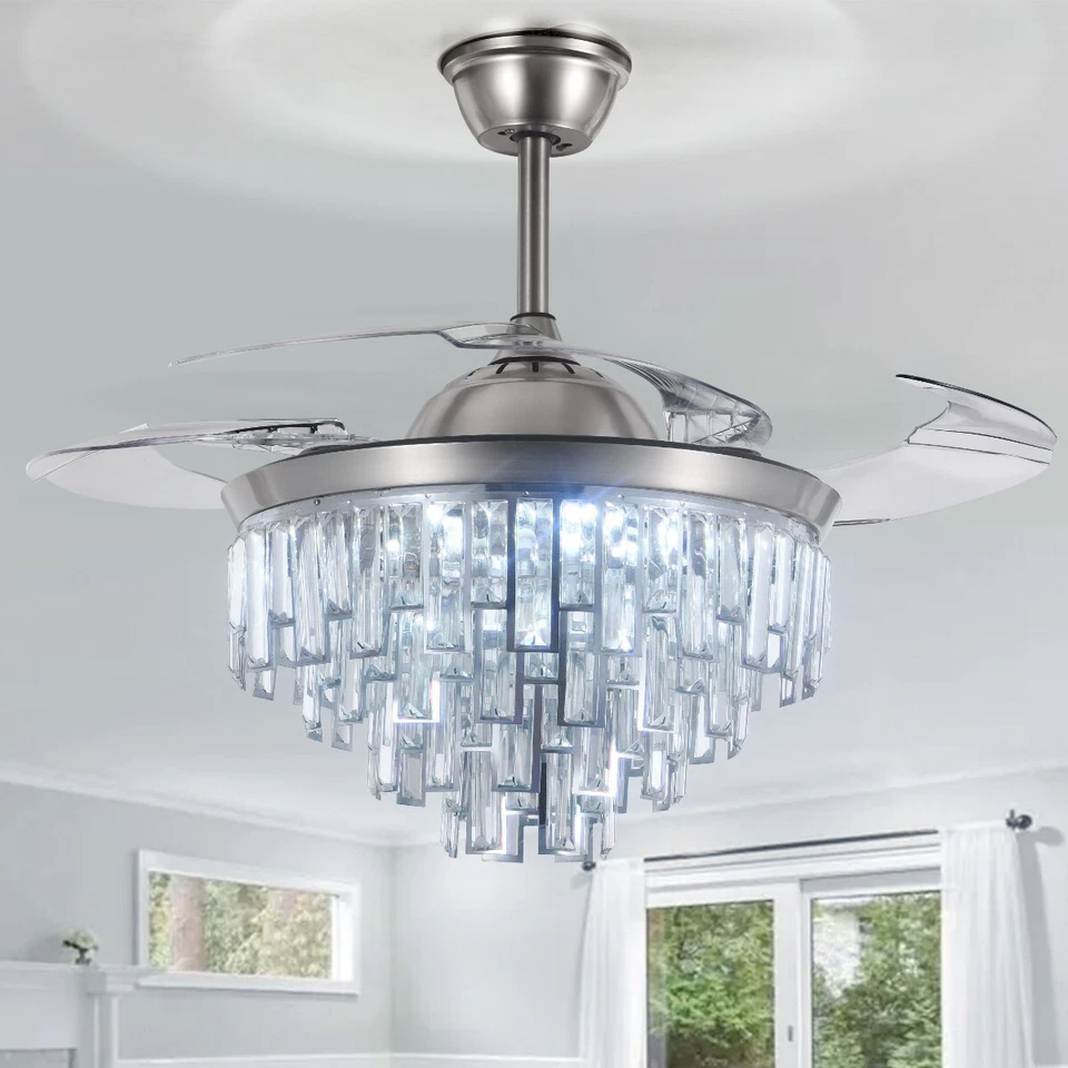 42" Chrome Crystal Chandelier Remote Retractable Ceiling Fan LED 3 Color 3 Speed - Image 4 of 4