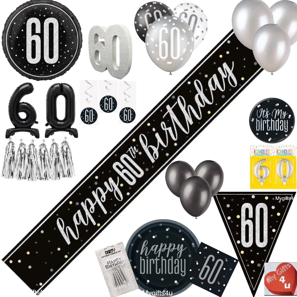 Black 60th & Happy Birthday Decorations Party Bunting Banner Silver Balloons age