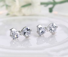 Adorable New Silver Plated Clear Cubic Zirconia CZ Crystal Bow Stud Earrings