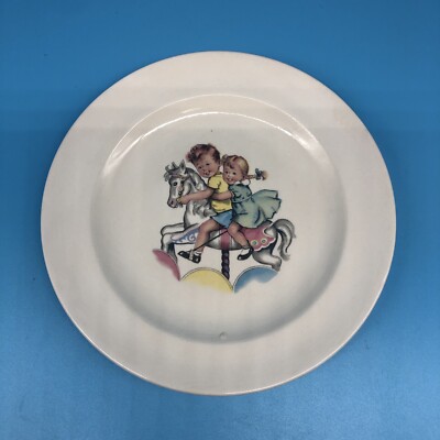 Vintage Salem Co. Child's Plate 7'' Boy & Girl On Hobby Horse Carousel