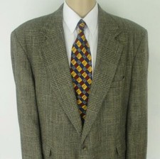 46 L Haggar Brown Glen Plaid Tweed Wool Silk 2 Btn Mens Jacket Sport Coat Blazer