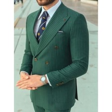 MEN GREEN STRIPE 2 PIECE SUIT DOUBLE BREASTED SUIT SLIM FIT BUSINESS BESPOKE