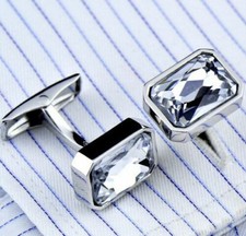 Large Eye Clean Emerald Cut Near White Gemstone High Polish Silver Cuff links