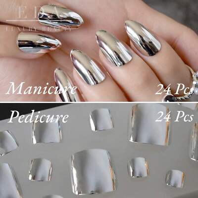 Metallic Silver Press On Nails & Toenails Mirror Effect Manicure Pedicure Set