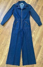 1970s Sears Womens Denim JUMPSUIT /flare Pants.wide Collar.M/L.19.5  pit2pit