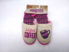Dearfoams Beige Pink "But First Coffee" Wmn's Slippers Mask Sz S 5-6/EU 36-37