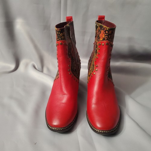 L'artiste Women Ankle Boot Red Floral Print Leather Chunk Heel Boots Sz