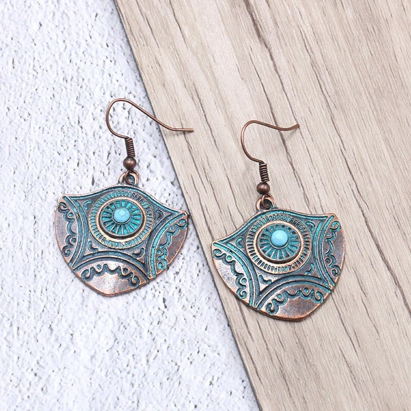Moda Mujeres Pendientes Bohemios Vintage Bronce Envejecido Turquesa Escudo Estilo 1812 Foto 2 de 3