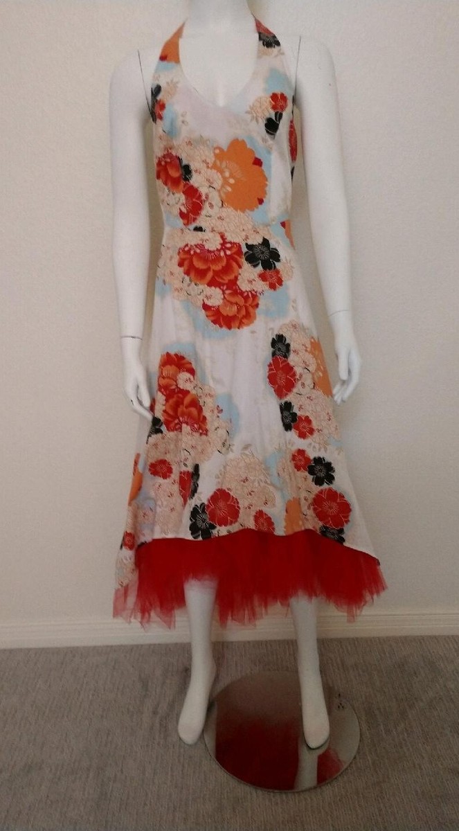 speechless floral halter dress High-Low w/ Red Tulle Slip, Sz 2-4 Emerald Gold