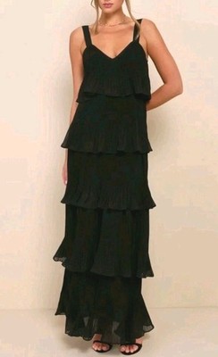 Lulus Elegant Black Pleated Tiered Maxi Dress XS Fun Party Dance 